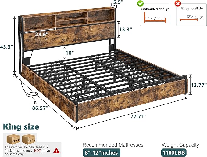 EnHomee King Size Bed Frame with 6 Storage Drawers King Bed Frame and Headboard, Storage Bed with Charging Station, No Noise,No Box Springs Needed,Vintage Brown