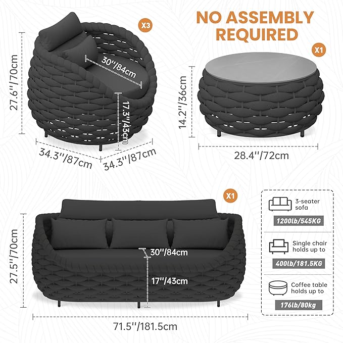 Erotr Aluminum Outdoor Patio Couch Set: 5 Pieces Woven Rope Porch Furniture Sofa Set - Metal Modern Deck Conversation Set - All Weather Assembled Courtyard Seating for Backyard Hotel Resort, Dark Grey