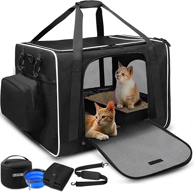 Petskd Extra Large Cat Carrier with Litter Box 24"x17"x17" for Medium Large Cat or 2 Small Cats, Collapsible Soft Sided Pet Carrier for Car Travel with Lockable Safety Zippers(Black)