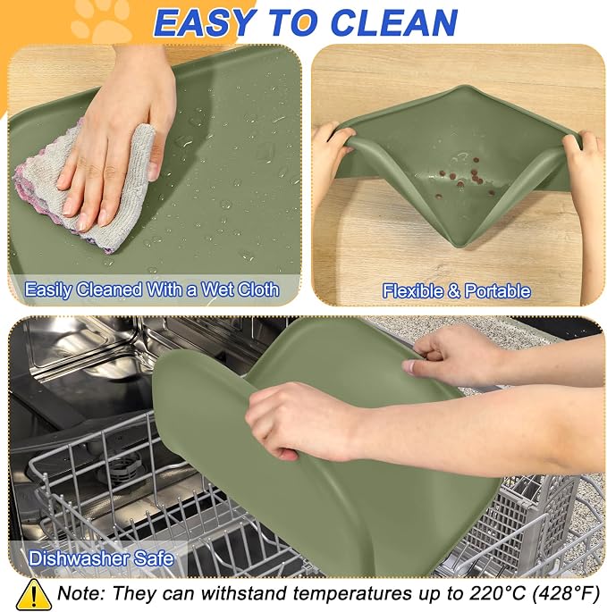 SMILOOL Waterproof Silicone Pet Food Mat with Raised Edge for Dog & Cat | 19" x 12" Non-Slip Pet Feeding Mats with Lip for Food & Water Bowl, Food Grade, Easy Cleaning, Light Olive Green