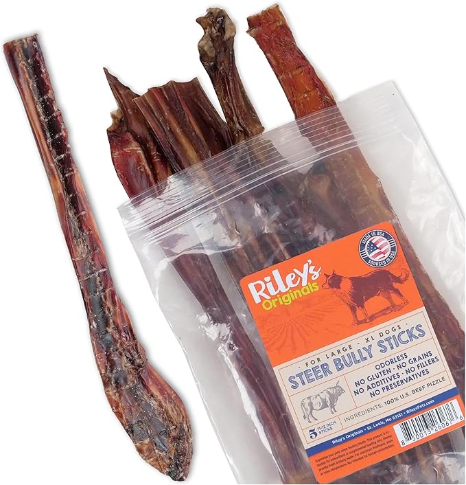 Riley's Steer Bully Sticks for Large to XL Dog Breeds - Odor Free, Single Ingredient Treat - Easily Digestible, 100% Beef Pizzle Sticks for Dogs - 12", 5ct