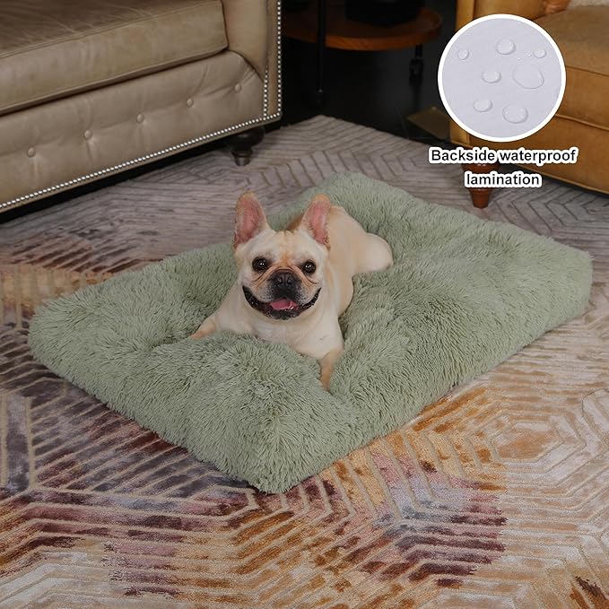 Bedfolks Waterproof Crate Bed, Plush Dog Kennel Pad with Removable Cover, Faux Fur, Washable, 35"x23", Sage Green