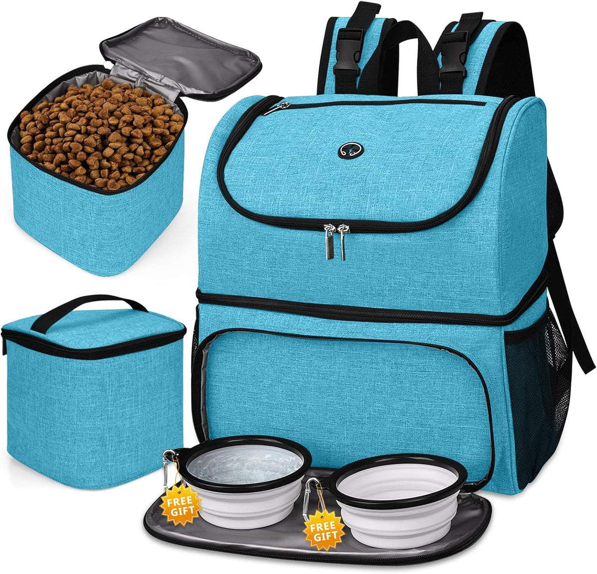 BAGLHER Pet Travel Bag, Double-Layer Pet Supplies Backpack (for All Pet Travel Supplies), Pet Travel Backpack with 2 Silicone Collapsible Bowls and 2 Food Baskets Sky Blue