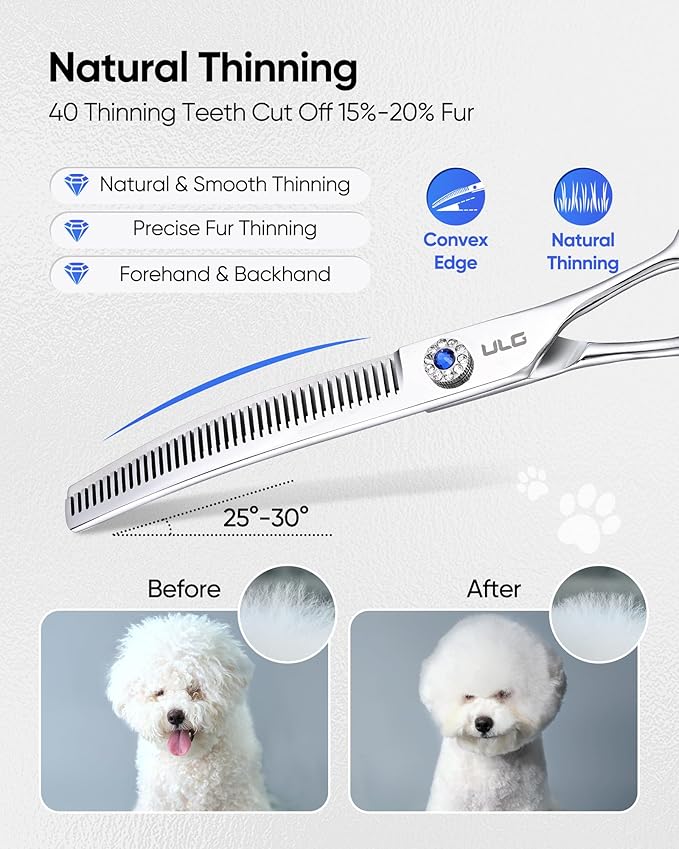 ULG Dog Grooming Scissors 40-Tooth 7.5” Curved Thinning Scissors Seamless 15%-20% Thinning Rate 440C Japanese Stainless Steel Tension Adjustable Left & Right Handed Pet Grooming Shears
