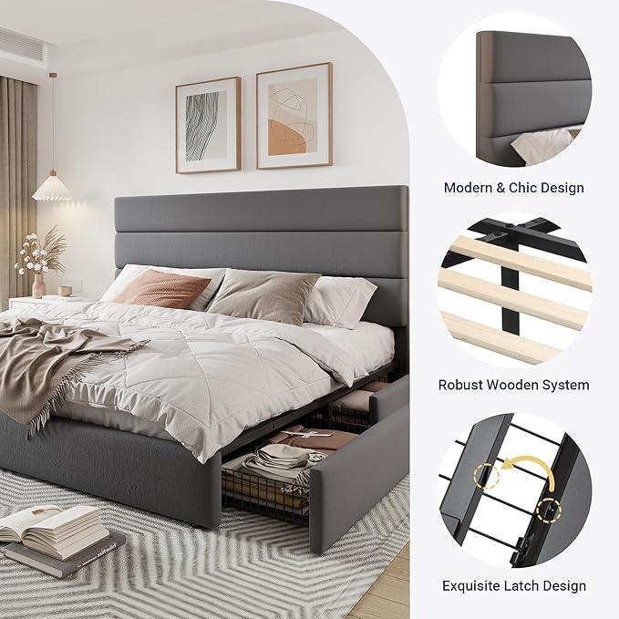 Allewie Modern Queen Size Platform Bed Frame with 4 Storage Drawers and Velvet Upholstered Headboard, Wooden Slats Support, Upholstered Mattress Foundation/No Box Spring Needed/Easy Assembly, Grey