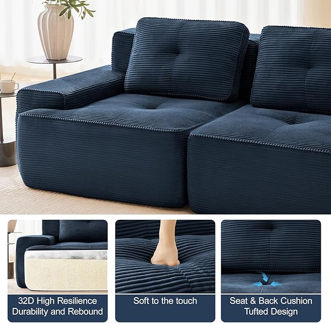 150" Modern Corduroy Cloud Sofa, Boneless Modular Large Sectional Couches for Living Room, Blue 4 Seater Compressed Memory Foam Couch, Extra Deep Seat, No Assembly
