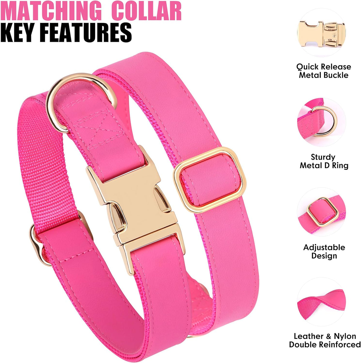 PET ARTIST Soft PU Leather Dog Collar, Bright & Stylish Hot Pink Dog Collar Girl with Quick Release Rose Metal Buckle, Nylon Padded Durable Pet Collars Adjustable for Medium Dogs, Neck Fit 13-19"