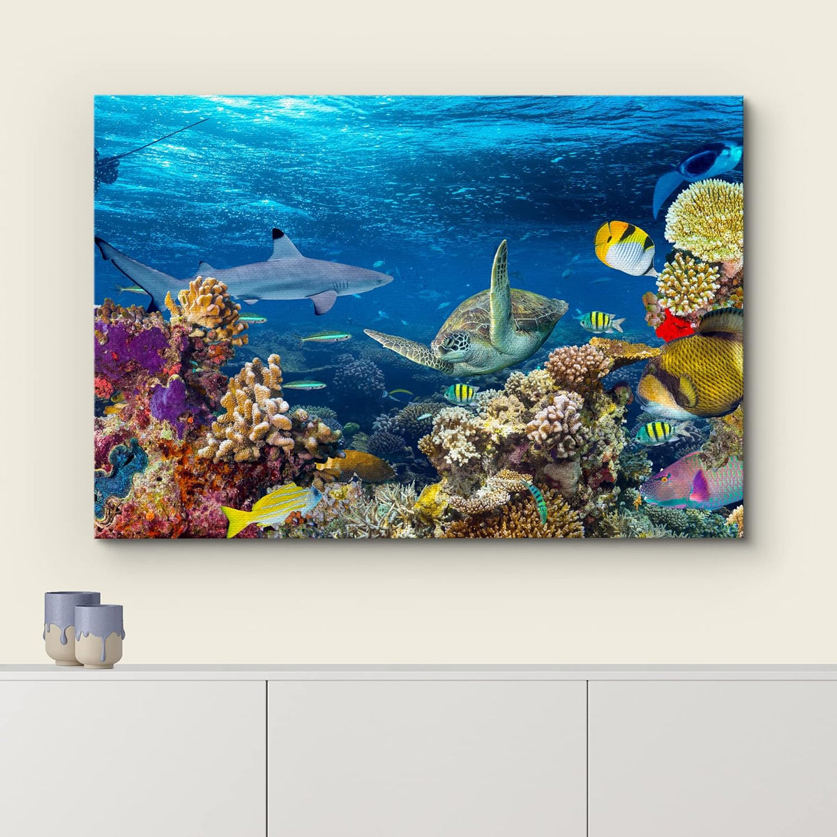 wall26 Canvas Print Wall Art Tropical Island Underwater Turtle Shark Nature Animals Photography Realism Rustic Scenic Landscape Wilderness Earth Colorful for Living Room, Bedroom, Office - 16"x24"