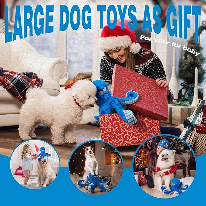 LEGEND SANDY Tough Dog Toys, Stuffed Chew Large Dog Toys to Keep Them Busy, Interactive Squeaky Tug of War Doggie Toy, Crinkle Blue Octopus (Blue Octopus 2p)