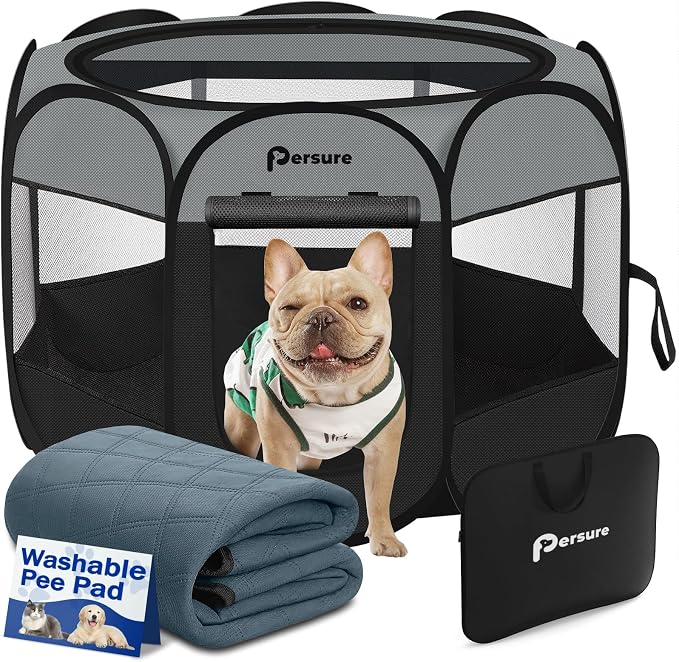 Persure Dog Cat Pet Playpen Puppy Crate Cage for Indoor Outdoor Travel | Nursing Rest Zone Recovering Pet Quarantine Room Portable Pop Up Easy to Set up lightweight Bag(Dark Grey with Pad, Large)