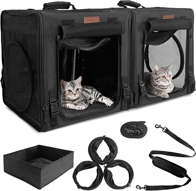 PETUX 2-in-1 Double Cat Carrier for Multiple Cats - Large Cat Travel Carrier with Litter Box, Play Tunnels, and Hammock - Portable Pet Carriers for Long Car Trips ＆ Vet Visit (34"x17"x17", Black)