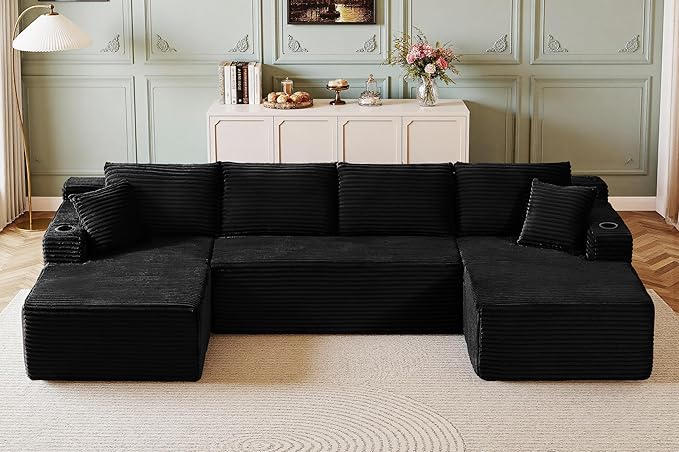 133" Couches for Living Room Deep-Seat Sectional Couch for Living Room Corduroy Boneless Couchs U-Shape Cloud Couch Flexible Modular Sectional Sofa with Chaise Lounge (Black, with Cup Holder)