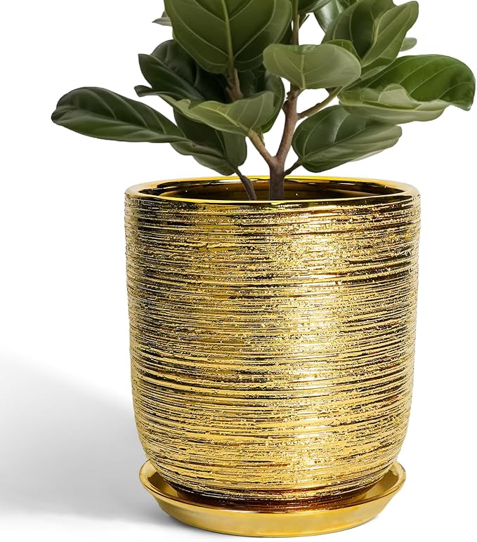 Ceramic Flower Pot for Indoor Plants - 10 Inch Plant Pot with Drainage Hole and Saucer, Decorative Round Outdoor Indoor Planter, Housewarming Gifts, Home Garden Decor, Gold