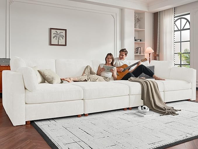 CUGOAO 153.4'' Modular Sectional Sofa, Oversized, Sectional Couch, Deep Seat Chenille Cloud Couch Sofa, Removable Cover, Mordern Upholstered Couches for Living Room, Apartment, Office, Beige