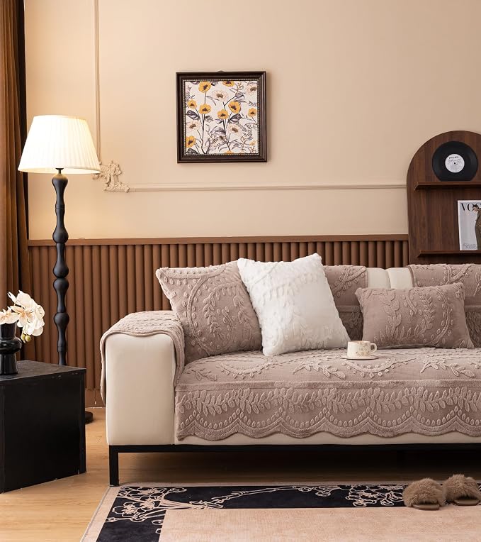Fuzzy Rabbit Plush Sofa Cover Cozy Warm Sofa Couch Covers with 3D Jacquard Leaf Pattern Non-Slip Easy-to-Install Shaggy Sofa Slipcover Prefect for Kids Dogs Cats Cats(Cream Coffee,36"x110")