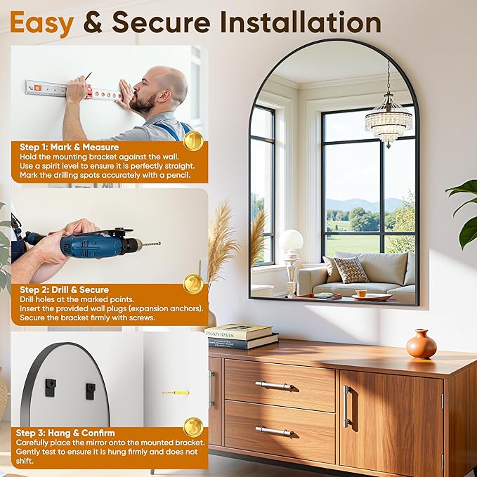 Arched Mirror 24"x36", Bathroom Mirror, Wall Mounted Vanity Mirror