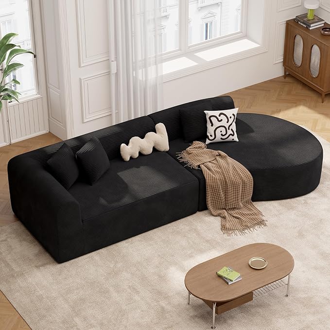 128" Oversized Modern Curved Sofa,Boneless Cloud Sectional Couch with Deep Seat,No Assembly Required Corduroy Couches for Living Room,Black,1 PCS