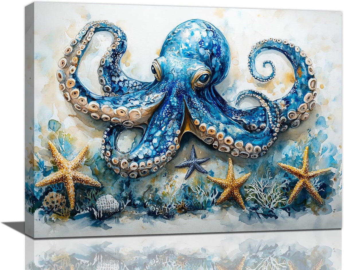 Octopus Bathroom Pictures Wall Art, Sea Animal Ocean Bathroom Wall Decor, Nautical Framed Painting Canvas Artwork for Bedroom Living Room Decorations 20"L x 16"W