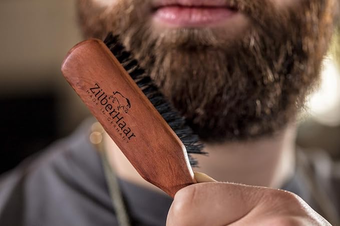 ZilberHaar Beard Brush Grooming Kit - Stiff Bristles Boar Bristles - Ideal for Medium to Long, Thick Beards - Distributes Balm & Oil for Growth/Styling - With Brush Cleaning Tool