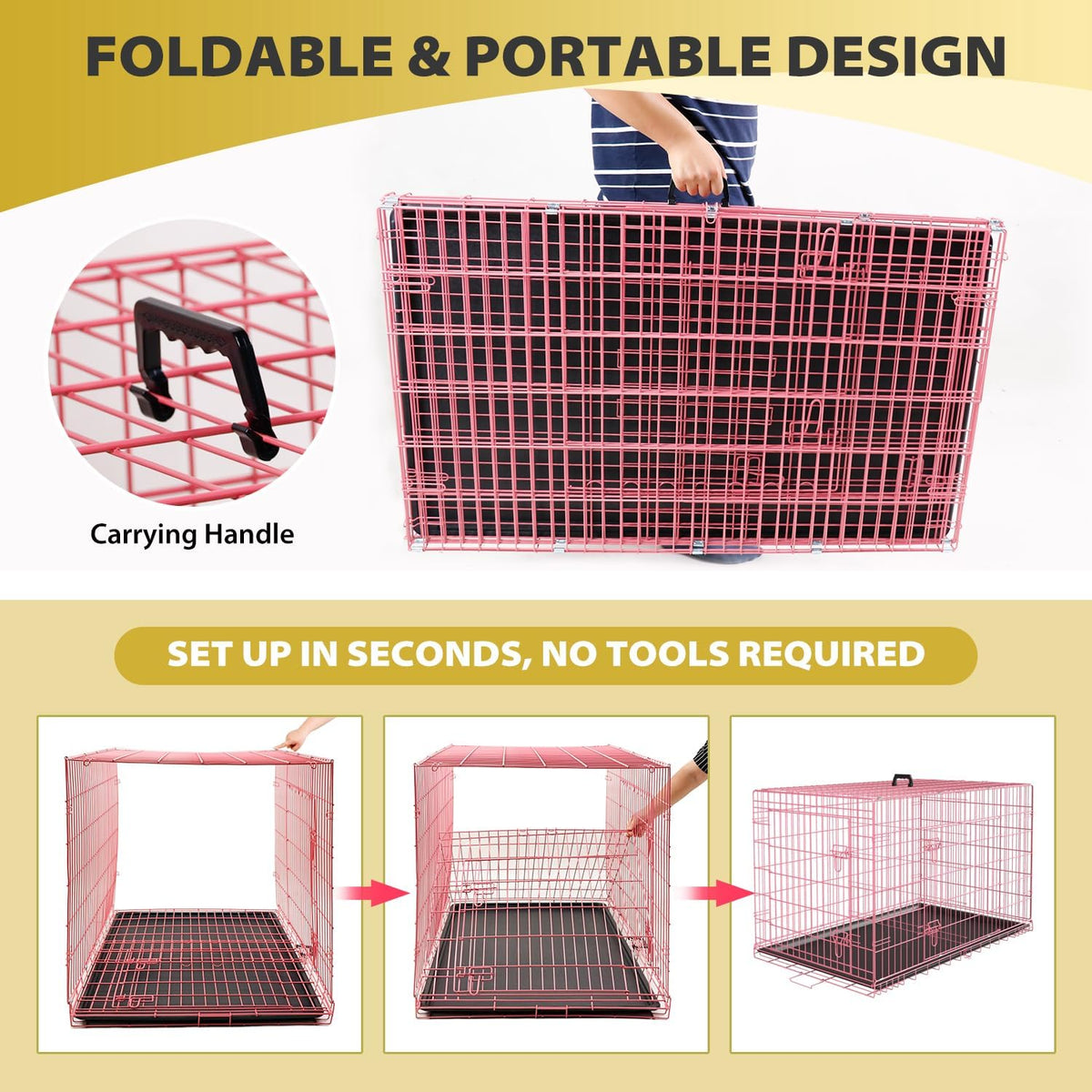 BestPet | Dog Crate | 48" | Pink | Foldable Metal Kennel with Double Doors, Secure Slide-Bolt Latches, Leakproof Tray | Portable Dog Cage for Large Breeds | for Travel, Indoor & Outdoor Use