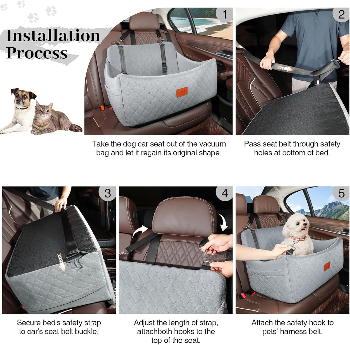 Dog Car Seat for Medium & Large Dogs Up to 55lbs, Memory Foam Cushion, Washable Cover, Safety Straps & Non-Slip Base(Grey,Large)