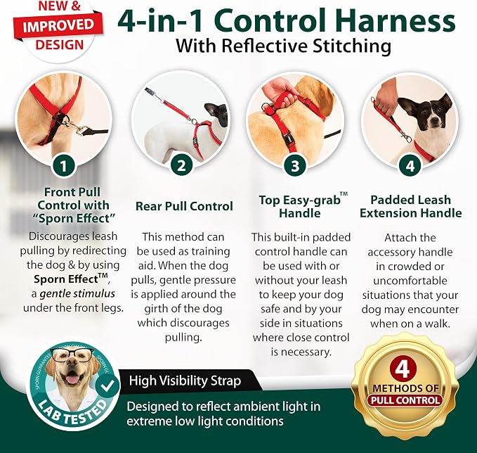 SPORN Ultimate Control No Pull Dog Harness for Small-Sized Dogs - 4-in-1 Adjustable Dog Harness with Front, Back & Dual-Clip Options & Emergency Grab Handle - Easy On/Off, Padded Comfort (Red, S)