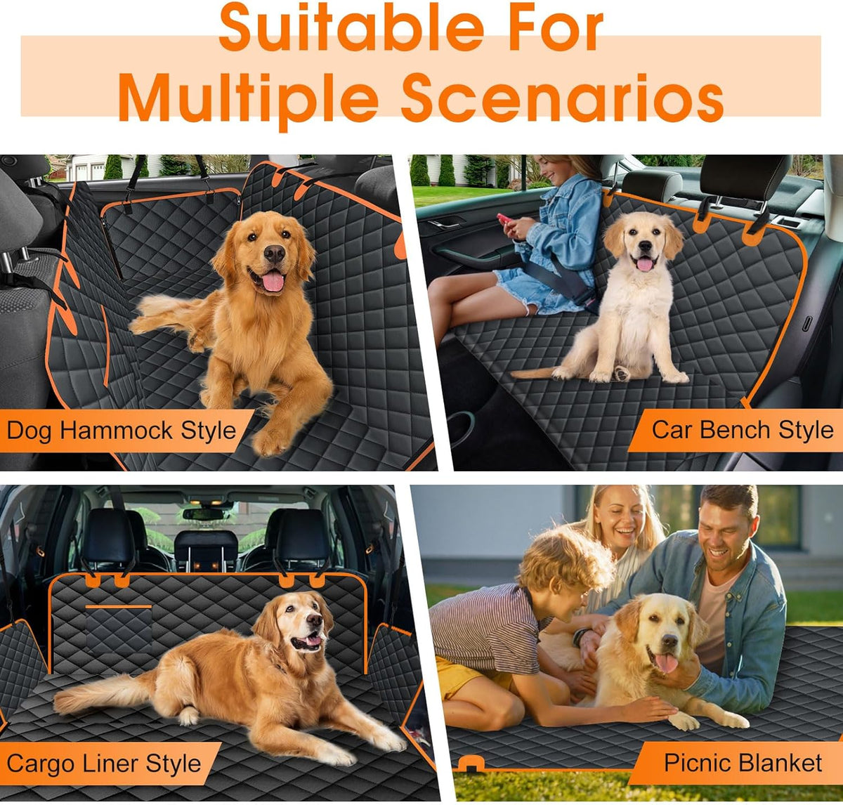 Dog Car Seat Cover, Durable Waterproof Scratch Proof Nonslip Dog Hammock, Back Seat Covers with Pocket for Cars SUVs and Trucks - S, Black/Orange