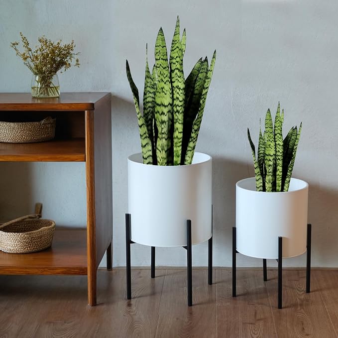ARNIS Modern Plant Pots, Large Planters with Stand, Set of 2 Decorative Planters, Metal Pots with Drainage Holes for Living Room, Office, Garden or Balcony, 10.5 &12.25 Inch, White