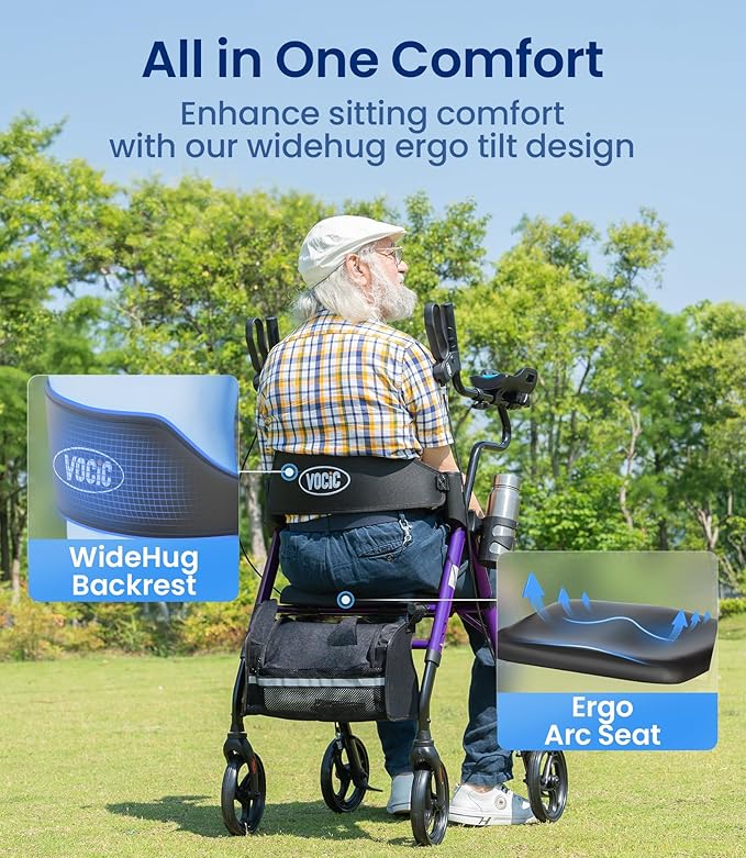 VOCIC Walkers for Seniors, Upright Walker with Adjustable Armrests, Z22 GelCool Stand Up Walker with Ergo Seat & Backrest, 8" All Terrain Rollator with 300lb,Cup& Cane Holder