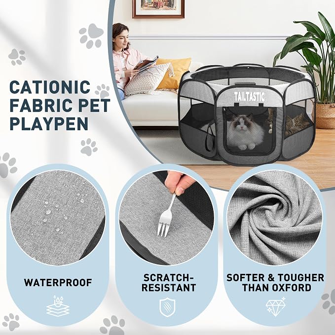 Portable Pet Playpen for Small Dogs & Cats, Foldable Puppy Safety Pen with Removable Zipper Top, Breathable Mesh Dog Delivery Room, Indoor Isolation Cage for Kittens/Rabbits (Light Grey, Small)