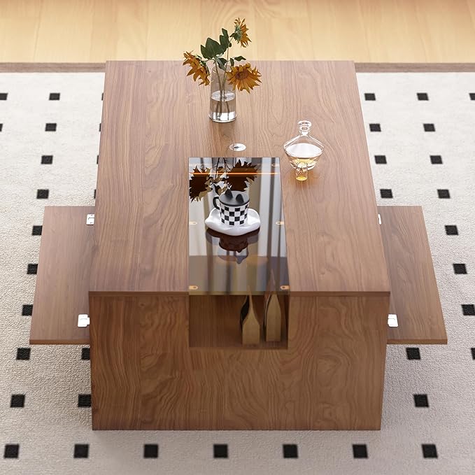 Modern Wood Coffee Table with LED Lights, 51.18" Rectangular Living Room Center Table with Glass Display, Hidden Compartment & Open Storage Shelves, Contemporary Coffee Table for Home Décor