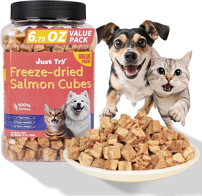 Just Try 6.70 oz Freeze-Dried Salmon Dog Treats & Cat Treats Food Topper- Single Ingredient, Grain-Free, High Protein Snack for Training