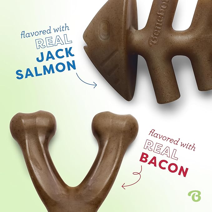 Benebone 2-pack Fishbone/Wishbone Durable Dog Chew Toys, Real Fish, Real Bacon, Made in USA, Large