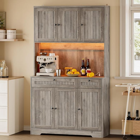 Pantry Cabinet with Charging Station and Light, Tall Kitchen Pantry Storage
