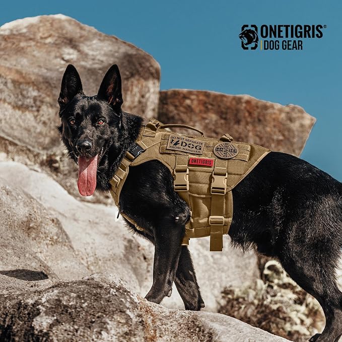 OneTigris Large Tactical Dog Harness, No Pulling Adjustable Dog Vest Harness, Heavy Duty Dog Harness with Handle, Large Hook and Loop Panels for Patch(Brown,S)