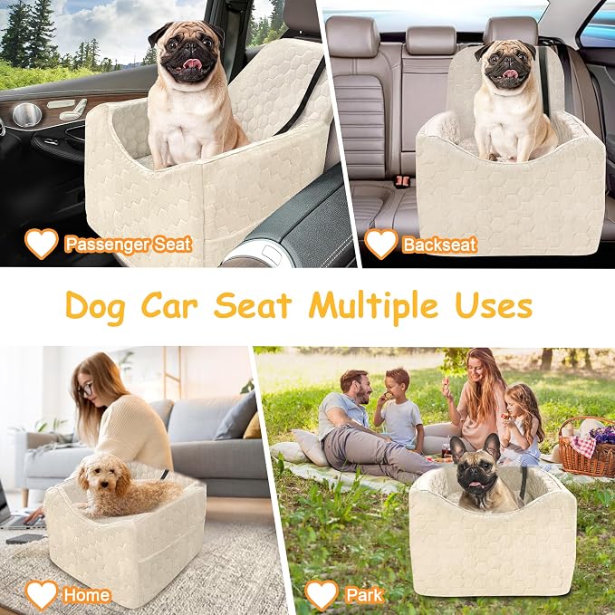 Dog Car Seat for Small/Medium Dogs, Memory Foam Dog Booster Seat, Travel Safety Per Car Seat with Washable Removable Cover, Storage Pockets for Dogs up to 35 lbs (White, Small)