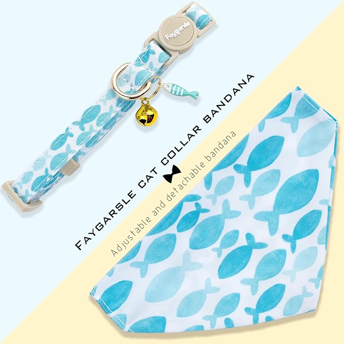 Faygarsle 2 Pack Fish Pattern Cat Collar Set with Bow Tie and Bandana, Light Blue and White, Breakaway Safety Collar with Bell