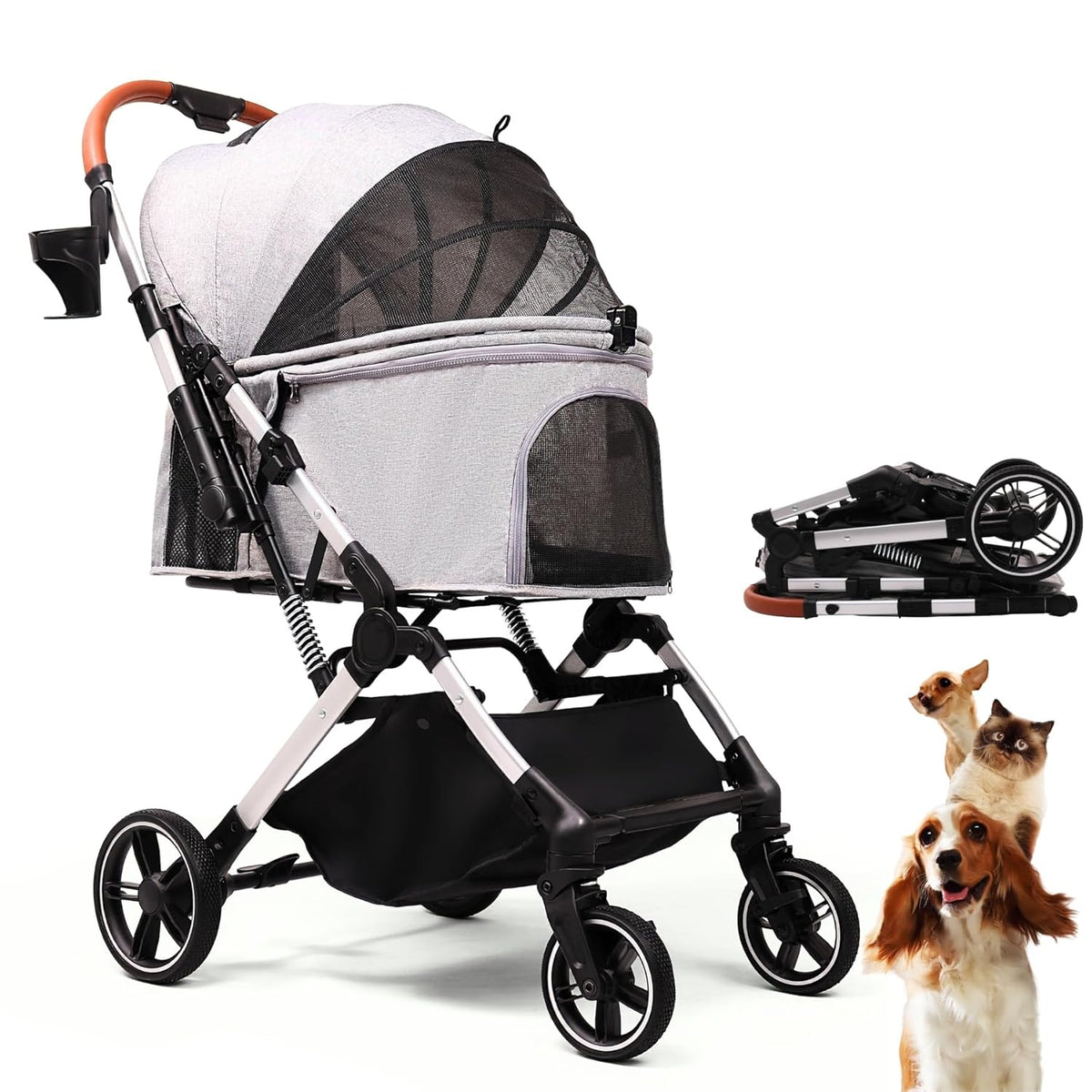 Pet Stroller for Small Medium Dogs Cats Up to 45 lbs, Travel Lite Collapsible, All Terrain 4 Wheels for Jogging, Running, Grey