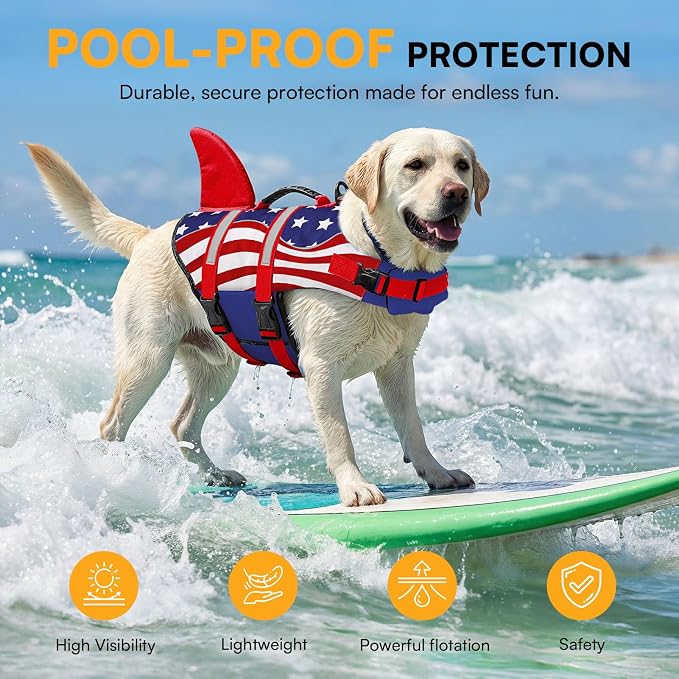 Shark Dog Life Vest for Swimming, Pet Life Vests for Boating, High Buoyant DogLife Jacket, Ripstop High Flotation Swimsui for Small, Medium, Large Dogs (USA Flag,XS)