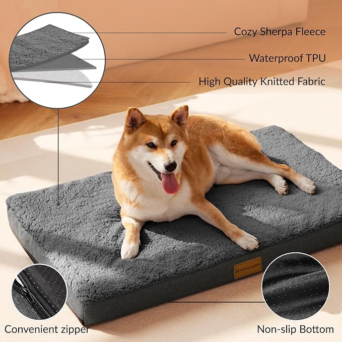 Patas Lague Orthopedic Large Dog Bed Pet Sofa Mat 56''X40'' Dark Grey | Egg-Crate Foam Dog Couch For Large Sized Dogs, Waterproof Removable Washable Cover, Soft Pet Crate Bed With Nonskid Bottom