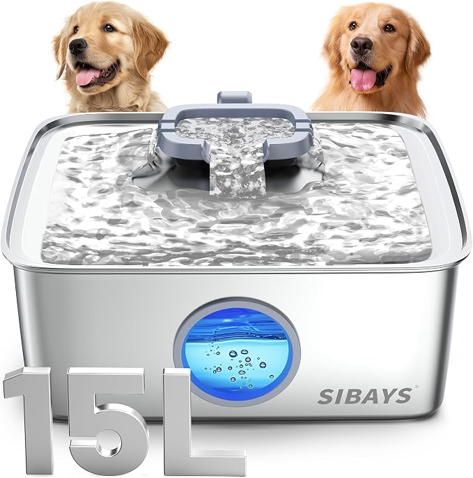 SIBAYS 4Gal/15L Dog Water Fountain, Stainless Steel Large Capacity Pet Water Fountain with Water Level LED Light, Automatic Quiet Dog Water Bowl Dispenser for Large Dogs & Multi-Pet Easy to Clean FS79