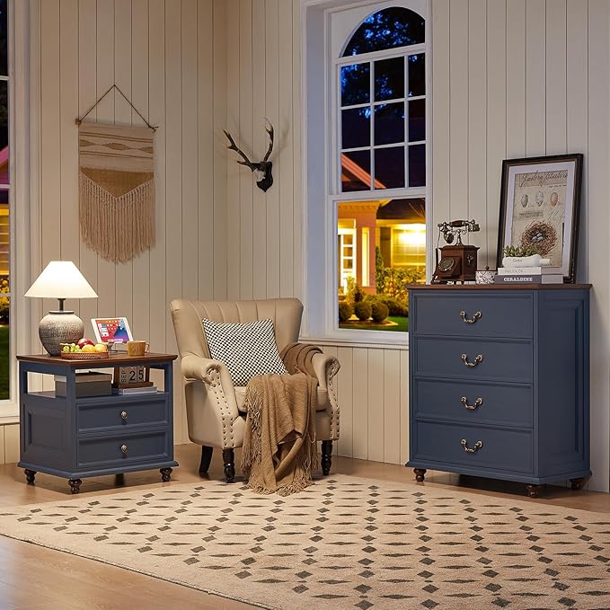 24" Wide Farmhouse Nightstand with Charging Station Set of 2,54" 7 Drawers Dresser, 37" Tall Rustic Chests of Drawers, Farmhouse Furniture Series for Bedroom,DarkBlue