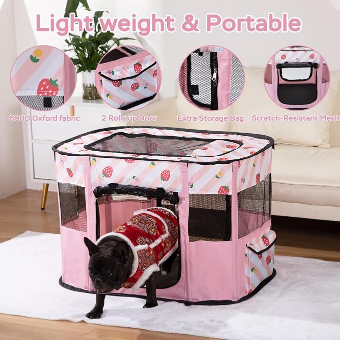 Portable Pet Cat Playpen,Cat Cages Indoor Collapsible Dog Crates Tent Kennel Playpen for Dogs Cat and Rabbit Travel Dog Playpen Indoor & Outdoor (Small（27.6" L x 21.7" W x 17.7" H）, Pink)
