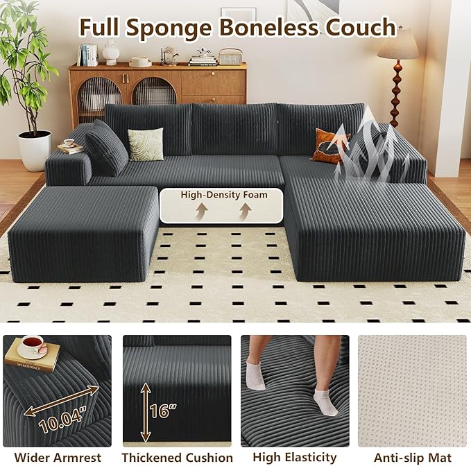 96" U-Shape Cloud Couch, Modern Modular Sectional L-Shape Sofa with Ottoman, Corduroy Upholstered Couches Deep Seat Chaise Longue for Living Room, No Assembly Required(Dark Gray, Right Facing)