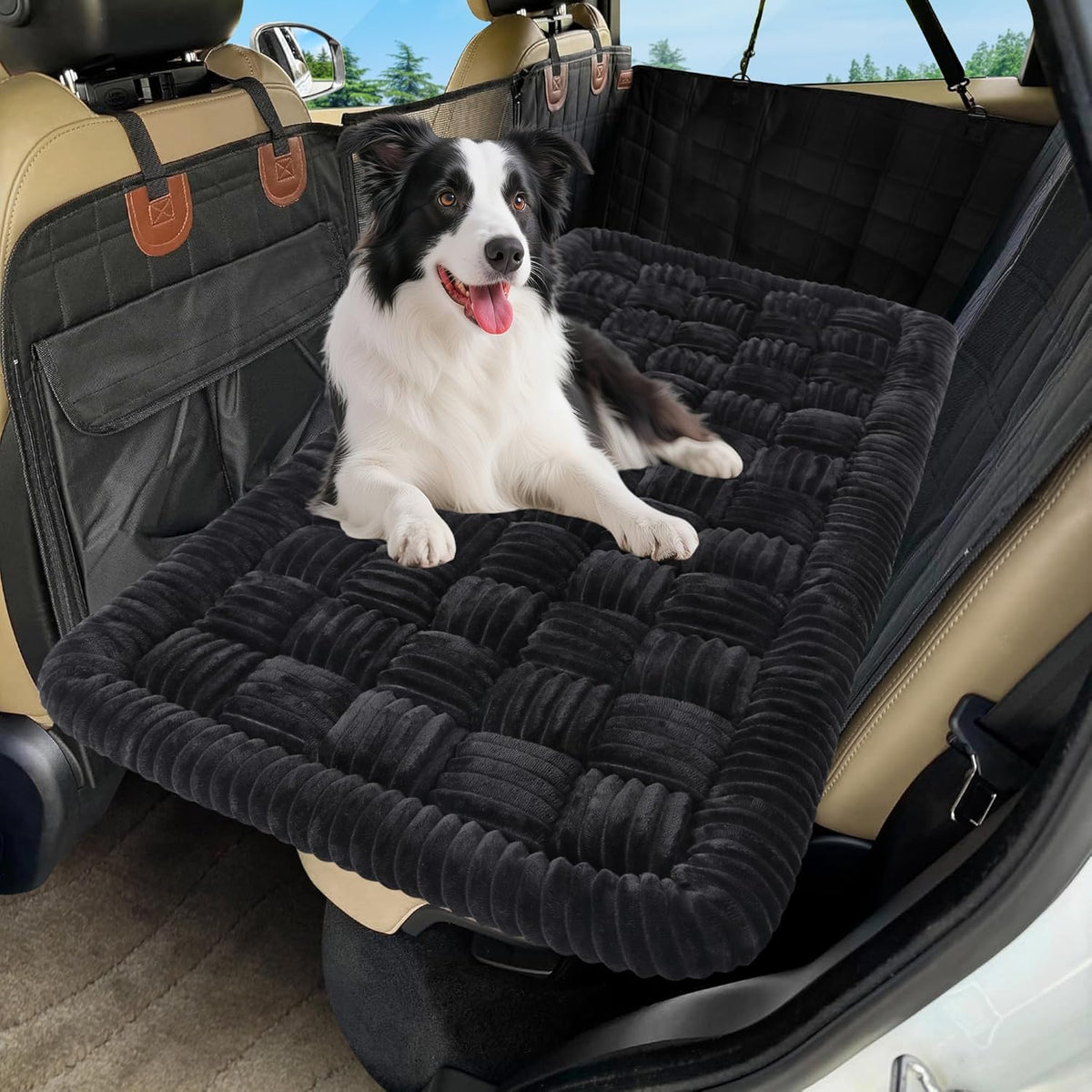 Dog Car Bed Mat, Non-Slip Backseat Extender Pet Blanket, Plaid Dog Bed for SUVs, Sedans & Trucks, Chew-Resistant Travel Pad for Dogs, Easy Clean & Scratch-Proof & Comfort (50"x24.6") Black