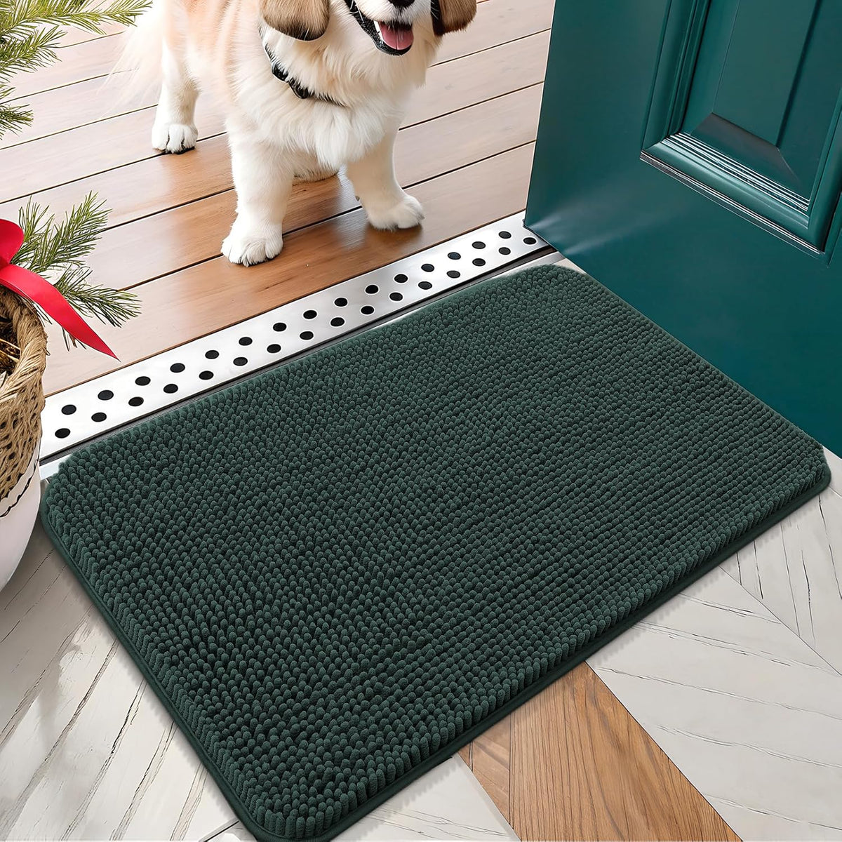 OLANLY Dog Door Mat for Muddy Paws 24x16, Absorbs Moisture and Dirt, Absorbent Non-Slip Washable Doormat, Quick Dry Chenille Mud Mat, Entry Indoor Entryway Carpet for Inside Floor, Blackish Green