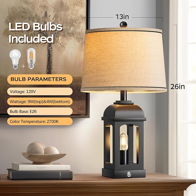 QiMH Table Lamp for Living Room, Farmhouse Lamps with USB A+C and Nightlight, 26" Rustic Bedside Lamps with 3-Way Dimmable Touch Control, Nightstand Lamp for Bedroom, Black, 1 Pack