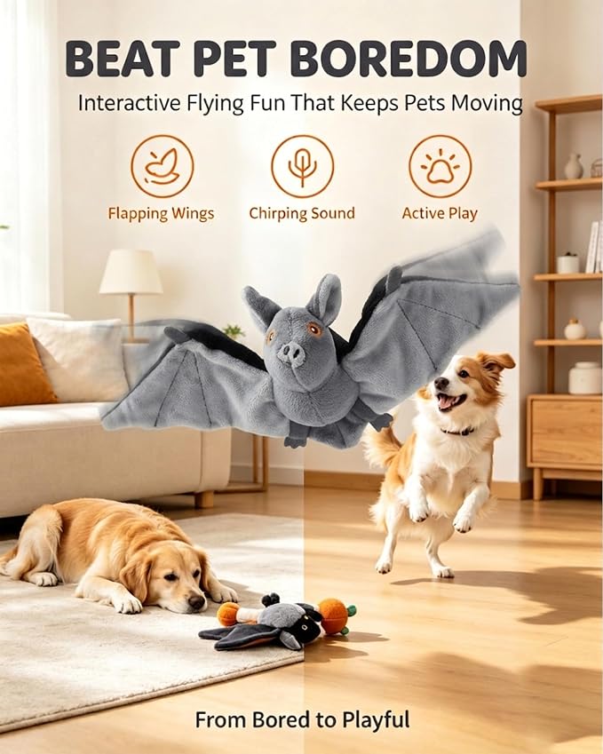 Flying Bat Dog Toy, Interactive Flying Bat Toy for Dogs with Flapping Wings, Chirping Sounds, USB Rechargeable, Touch Activated, Hanging or Floor Toy for Dogs, Puppies and Cats to Reduce Boredom，3 PCS