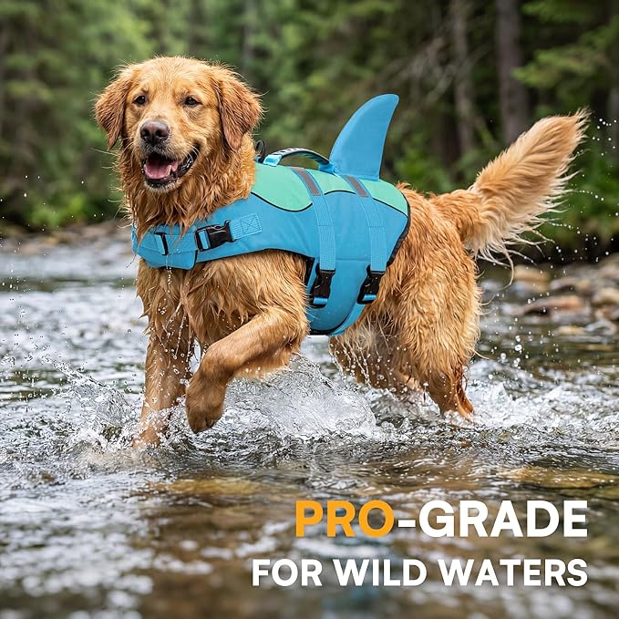 Shark Dog Life Jacket, Dog Life Vests for Boating, High Buoyant Pet Life Vest for Swimming, Adjustable Easy On Life Jackets for Small, Medium, Large Dogs (Pool Blue,XXL)