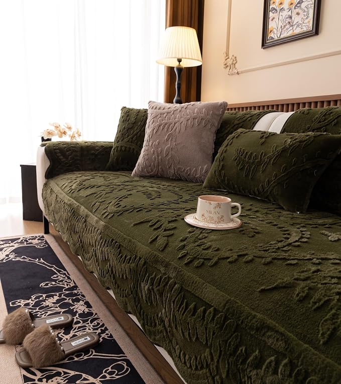 Green Fuzzy Rabbit Plush Sofa Cover Cozy Warm Sofa Couch Covers with 3D Jacquard Leaf Pattern Non-Slip Easy-to-Install Shaggy Sofa Slipcover Prefect for Kids Dogs Cats Cats(Green,36"x47")